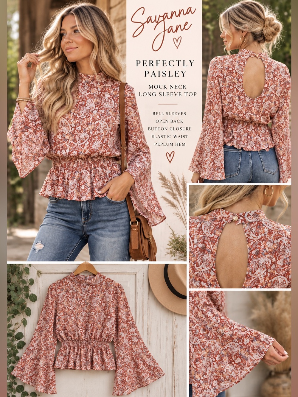 Savanna Jane Rust Paisley Peplum Blouse Open Back